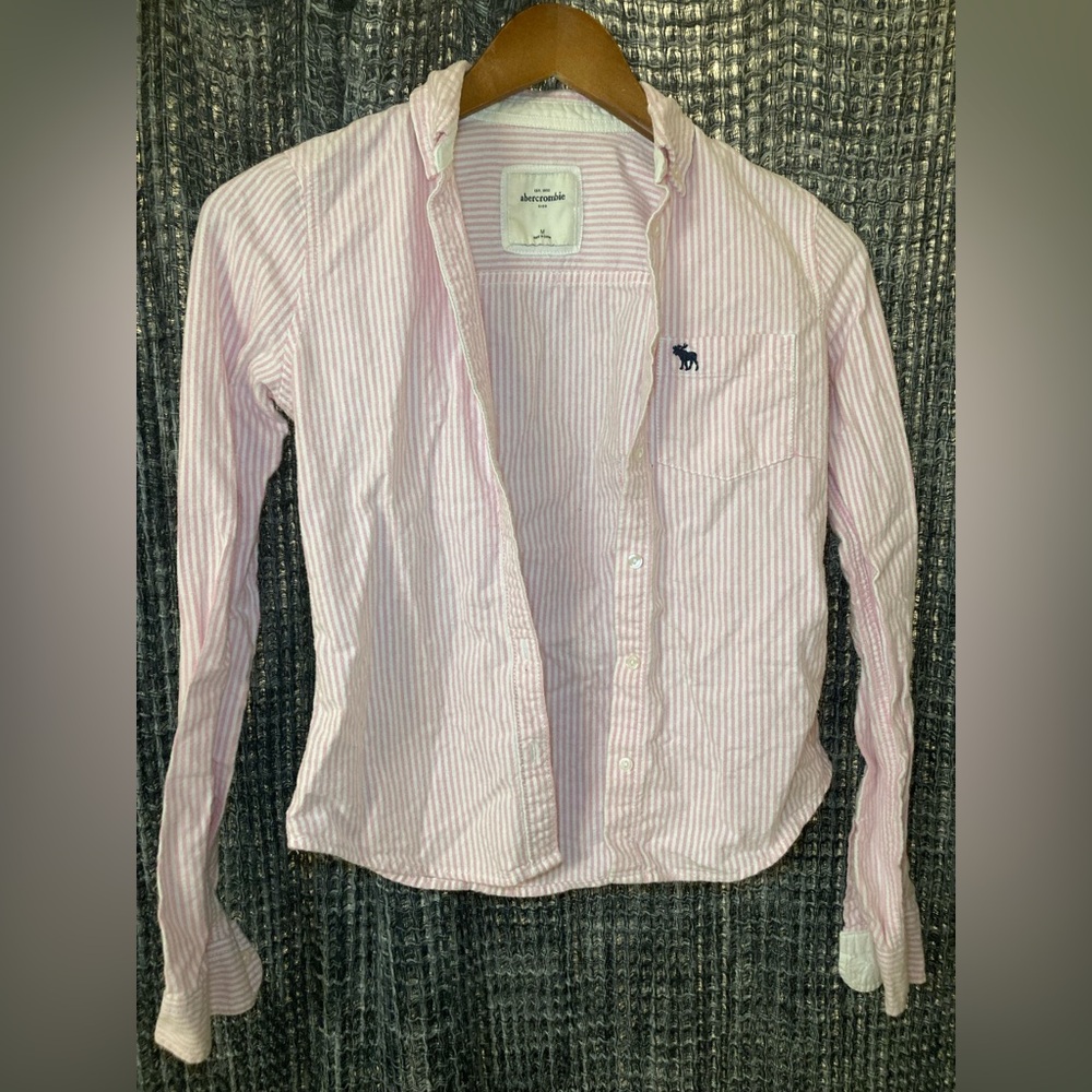 Abercrombie & Fitch Pink White Striped Button-Down Shirt with Navy Moose